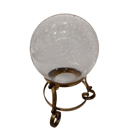 Vintage Crystal Ball Paperweight: 4" Bubble Glass Sphere on Brass Holder - Picture 3 of 5
